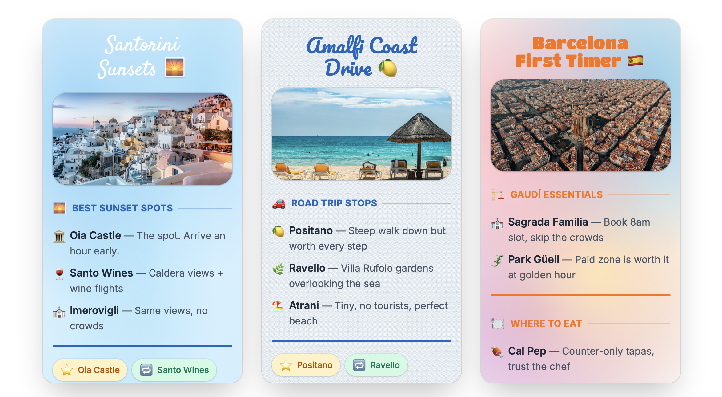 Example snipplets: Santorini Sunsets, Amalfi Coast Drive, Barcelona First Timer